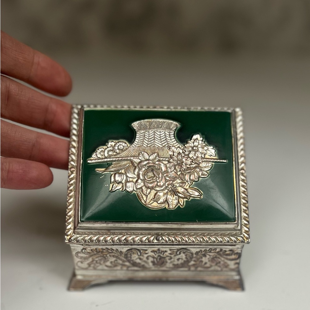 Vintage Silver Plated Trinket Box | Green Enamel Floral Basket Lid